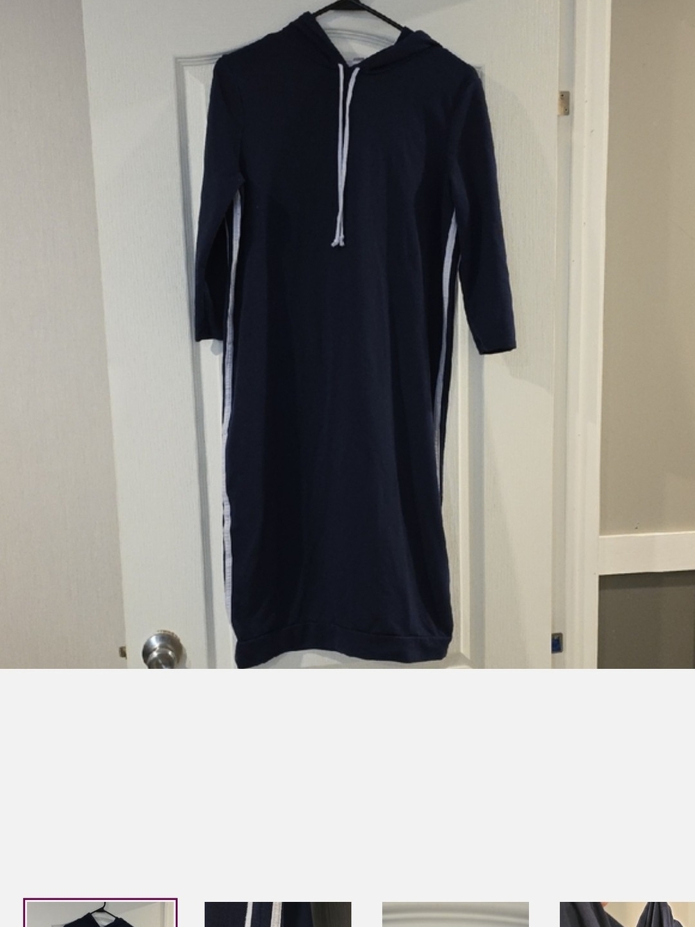 Casual Navy Hooded Midi Dress with White Side Stripes